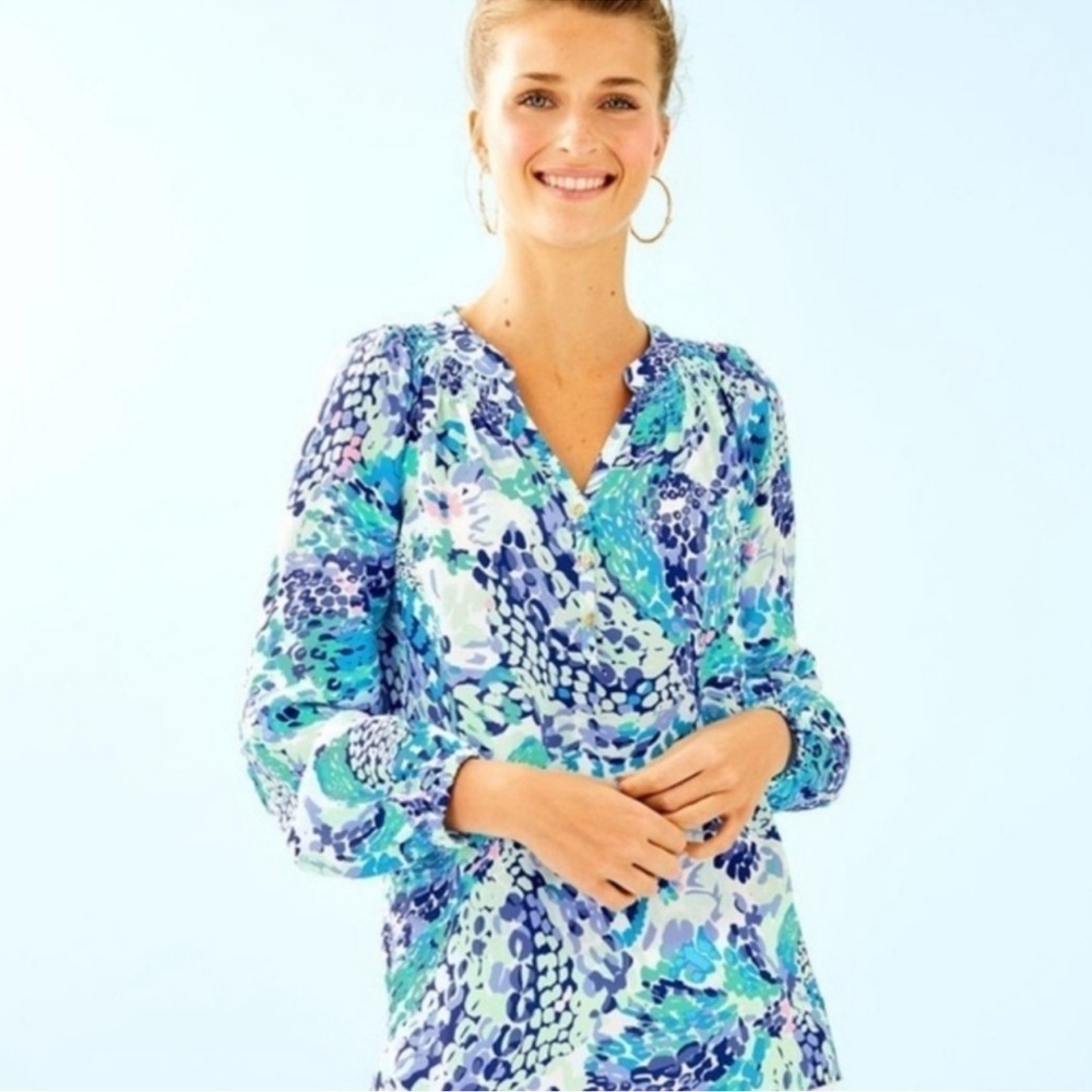 Lilly Pulitzer Elsa Wave After Wave Silk Peasant Blouse size Medium